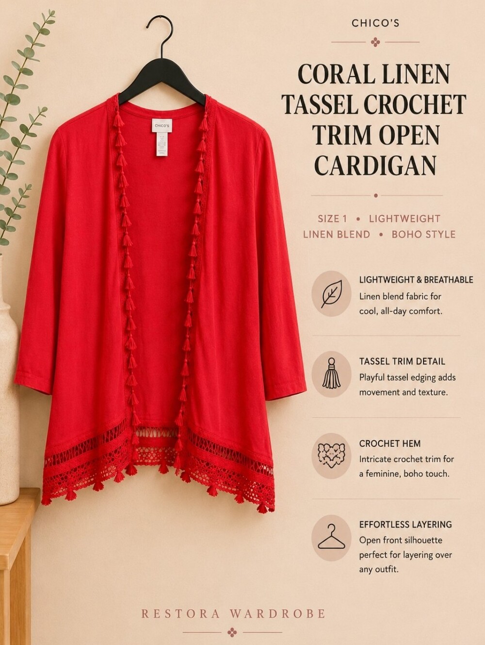 Chico’s Coral Linen Blend Tassel Crochet Trim Open Cardigan Size 1